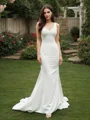 Sheath/Column Sleeveless Satin V-neck Ruffles Sweep Train Wedding Dresses