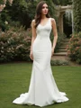 Sheath/Column Sleeveless Satin V-neck Ruffles Sweep Train Wedding Dresses