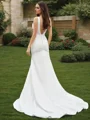 Sheath/Column Sleeveless Satin V-neck Ruffles Sweep Train Wedding Dresses