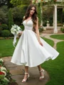 A-Line/Princess Ruffles V-neck Sleeveless Satin Tea-Length Wedding Dresses