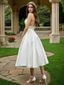 A-Line/Princess Ruffles V-neck Sleeveless Satin Tea-Length Wedding Dresses