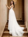 A-Line/Princess V-neck Tulle Sleeveless Applique Sweep Train Wedding Dresses