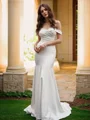 Trumpet/Mermaid Satin Off-the-Shoulder Ruched Sleeveless Sweep Train Wedding Dresses