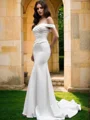 Trumpet/Mermaid Satin Off-the-Shoulder Ruched Sleeveless Sweep Train Wedding Dresses