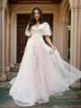 A-Line/Princess Tulle Applique V-neck 1/2 Sleeves Court Train Wedding Dresses
