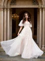 A-Line/Princess Tulle Applique V-neck 1/2 Sleeves Court Train Wedding Dresses
