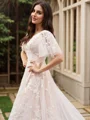 A-Line/Princess Tulle Applique V-neck 1/2 Sleeves Court Train Wedding Dresses