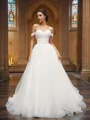 A-Line/Princess Off-the-Shoulder Tulle Sleeveless Ruched Court Train Wedding Dresses