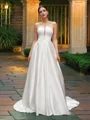 A-Line/Princess Strapless Satin Sleeveless Ruffles Sweep Train Wedding Dresses