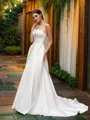 A-Line/Princess Strapless Satin Sleeveless Ruffles Sweep Train Wedding Dresses