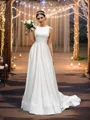 A-Line/Princess Satin Sleeveless Scoop Ruffles Sweep Train Wedding Dresses