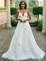 A-Line/Princess V-neck Organza Sleeveless Beading Sweep Train Wedding Dresses