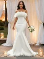 Trumpet/Mermaid Strapless Satin Feathers/Fur Sleeveless Sweep Train Wedding Dresses