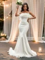 Trumpet/Mermaid Strapless Satin Feathers/Fur Sleeveless Sweep Train Wedding Dresses