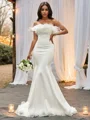 Trumpet/Mermaid Strapless Satin Feathers/Fur Sleeveless Sweep Train Wedding Dresses