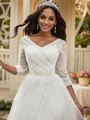 A-Line/Princess Ruched Sweetheart Tulle 3/4 Sleeves Sweep Train Wedding Dresses