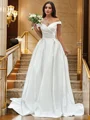 A-Line/Princess Off-the-Shoulder Ruched Sleeveless Satin Court Train Wedding Dresses