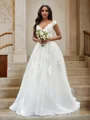 A-Line/Princess Tulle V-neck Applique Sleeveless Sweep Train Wedding Dresses