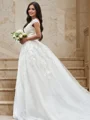A-Line/Princess Tulle V-neck Applique Sleeveless Sweep Train Wedding Dresses