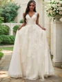 A-Line/Princess Tulle Applique V-neck Sleeveless Sweep Train Wedding Dresses