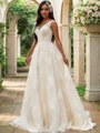 A-Line/Princess Tulle Applique V-neck Sleeveless Sweep Train Wedding Dresses