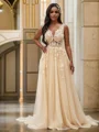 A-Line/Princess Sleeveless Tulle V-neck Applique Sweep Train Wedding Dresses