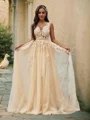 A-Line/Princess Sleeveless Tulle V-neck Applique Sweep Train Wedding Dresses
