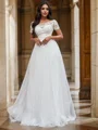 A-Line/Princess Scoop Tulle Applique Short Sleeves Sweep Train Wedding Dresses