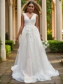 A-Line/Princess V-neck Tulle Applique Sleeveless Sweep Train Wedding Dresses