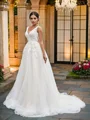 A-Line/Princess V-neck Tulle Applique Sleeveless Sweep Train Wedding Dresses