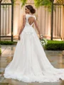 A-Line/Princess V-neck Tulle Applique Sleeveless Sweep Train Wedding Dresses