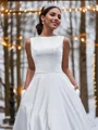 A-Line/Princess Satin Bateau Ruffles Sleeveless Sweep Train Wedding Dresses