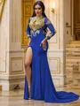 Trumpet/Mermaid Applique Long Sleeves Jersey High Neck Sweep Train Dresses