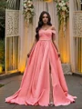 A-Line/Princess Satin Sleeveless Ruffles Off-the-Shoulder Court Train Dresses