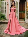 A-Line/Princess Satin Sleeveless Ruffles Off-the-Shoulder Court Train Dresses