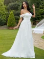 A-Line/Princess Lace Applique Off-the-Shoulder Sleeveless Sweep Train Wedding Dresses