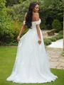A-Line/Princess Lace Applique Off-the-Shoulder Sleeveless Sweep Train Wedding Dresses
