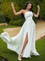 A-Line/Princess Satin Ruffles Spaghetti Straps Sleeveless Sweep Train Wedding Dresses