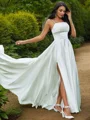 A-Line/Princess Satin Ruffles Spaghetti Straps Sleeveless Sweep Train Wedding Dresses
