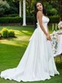 A-Line/Princess Satin Bowknot V-neck Sleeveless Sweep Train Wedding Dresses