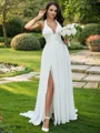 A-Line/Princess Chiffon Ruffles Halter Sleeveless Sweep Train Wedding Dresses