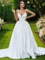Ball-Gown Lace Ruffles V-neck Sleeveless Sweep Train Wedding Dresses