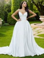 Ball-Gown Lace Ruffles V-neck Sleeveless Sweep Train Wedding Dresses