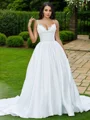 Ball-Gown Lace Ruffles V-neck Sleeveless Sweep Train Wedding Dresses