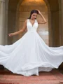 A-Line/Princess Chiffon Lace V-neck Sleeveless Sweep Train Wedding Dresses