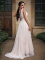 A-Line/Princess Tulle Applique V-neck Sleeveless Sweep Train Wedding Dresses