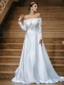 A-Line/Princess Satin Lace Off-the-Shoulder Long Sleeves Sweep Train Wedding Dresses