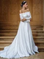 A-Line/Princess Satin Lace Off-the-Shoulder Long Sleeves Sweep Train Wedding Dresses