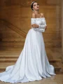 A-Line/Princess Satin Lace Off-the-Shoulder Long Sleeves Sweep Train Wedding Dresses