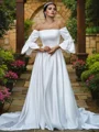 A-Line/Princess Charmeuse Ruffles Off-the-Shoulder 3/4 Sleeves Sweep Train Wedding Dresses